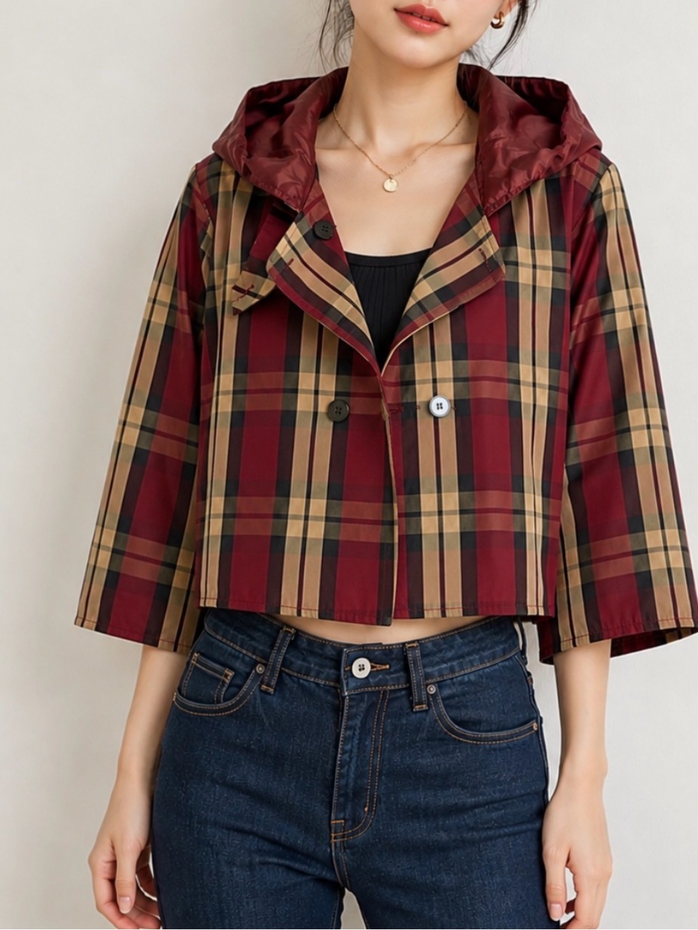 Belle Mariee Japan Classic Plaid Cropped Hooded Jacket